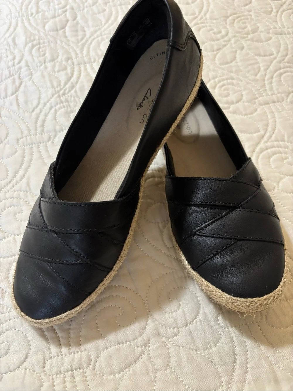Clarks Black Leather Flats with Jute Trim